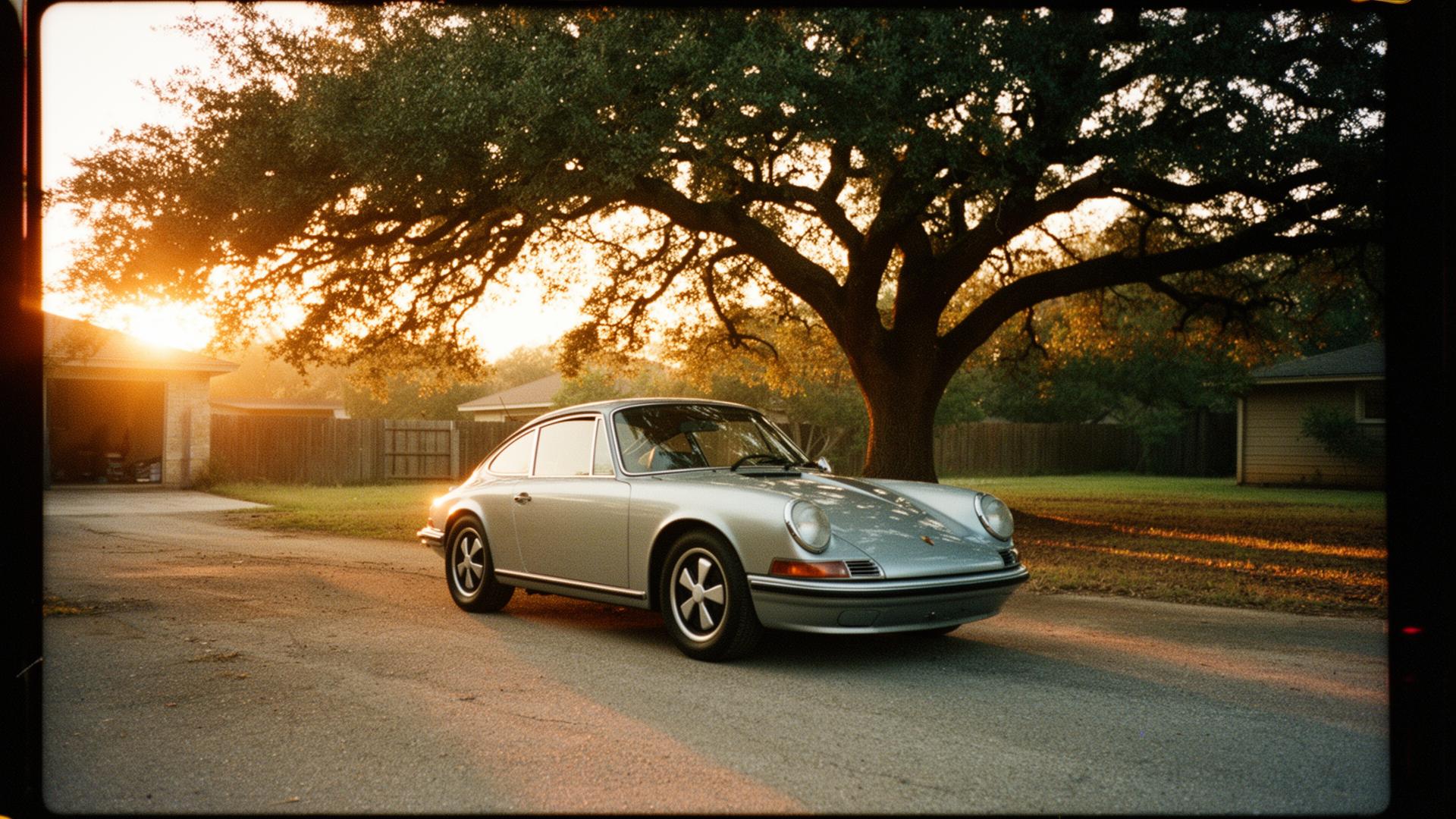 Vintage Porsche under live oak at golden hour in Austin